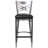 HERCULES Series Clear Coated ''X'' Back Metal Restaurant Barstool - Black Vinyl Seat [XU-6F8B-CLR-BAR-BLKV-GG] Pie's Variety Store