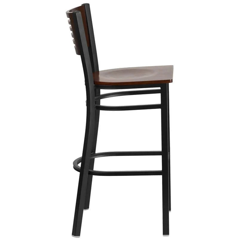 HERCULES Series Black Slat Back Metal Restaurant Barstool - Walnut Wood Back & Seat [XU-DG-6H1B-WAL-BAR-MTL-GG] Pie's Variety Store