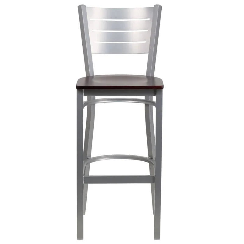 HERCULES Series Silver Slat Back Metal Restaurant Barstool - Cherry Wood Seat [XU-DG-60402-BAR-CHYW-GG] Pie's Variety Store