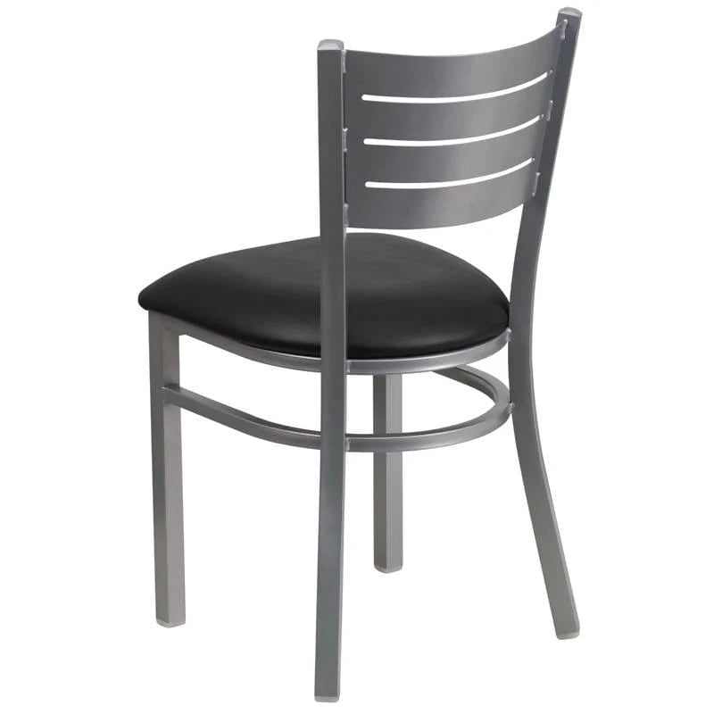 HERCULES Series Silver Slat Back Metal Restaurant Chair - Black Vinyl Seat [XU-DG-60401-BLKV-GG] Pie's Variety Store