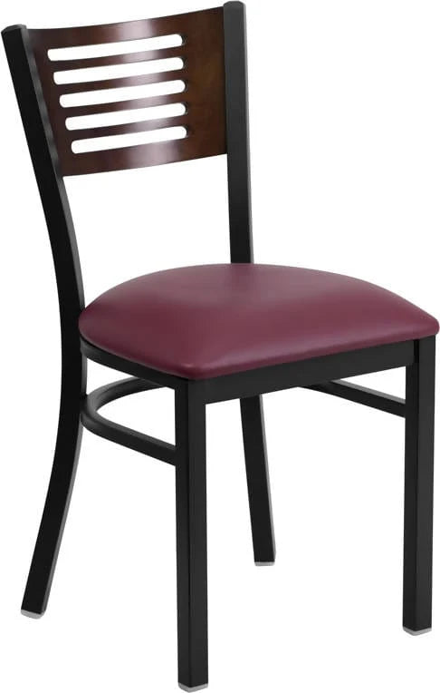 HERCULES Series Black Slat Back Metal Restaurant Chair - Walnut Wood Back