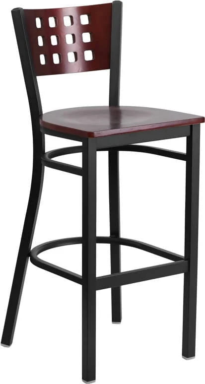 HERCULES Series Black Cutout Back Metal Restaurant Barstool - Mahogany Wood Back & Seat [XU-DG-60118-MAH-BAR-MTL-GG] Pie's Variety Store
