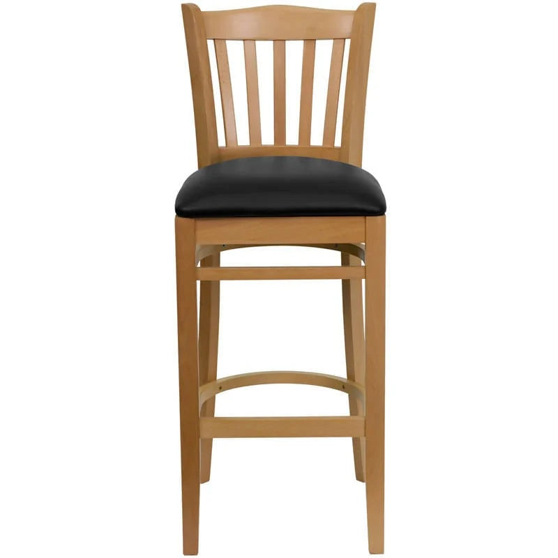 HERCULES Series Vertical Slat Back Natural Wood Restaurant Barstool - Black Vinyl Seat [XU-DGW0008BARVRT-NAT-BLKV-GG] Pie's Variety Store