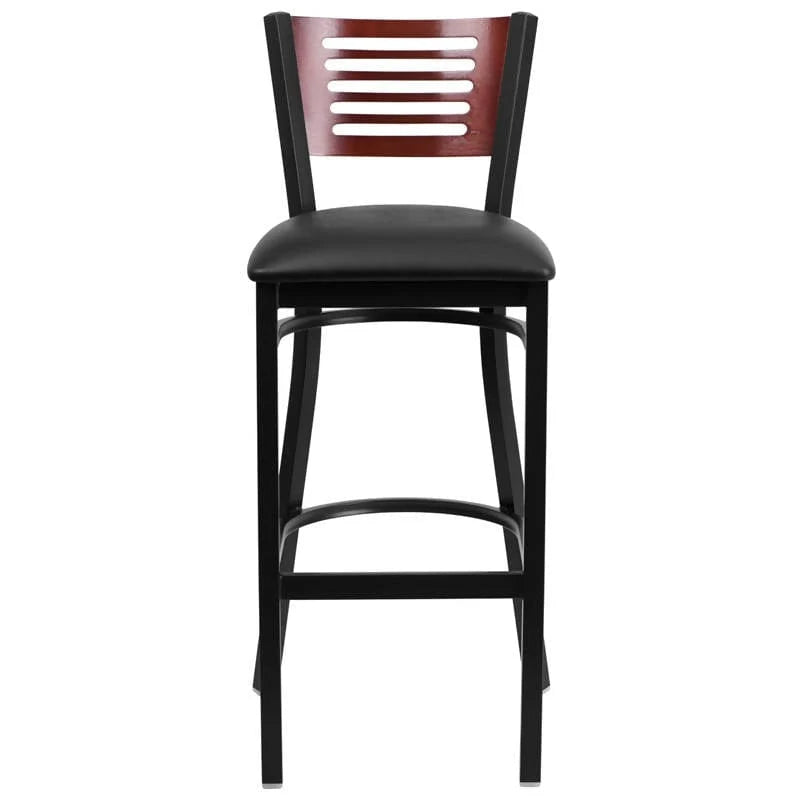HERCULES Series Black Slat Back Metal Restaurant Barstool - Mahogany Wood Back