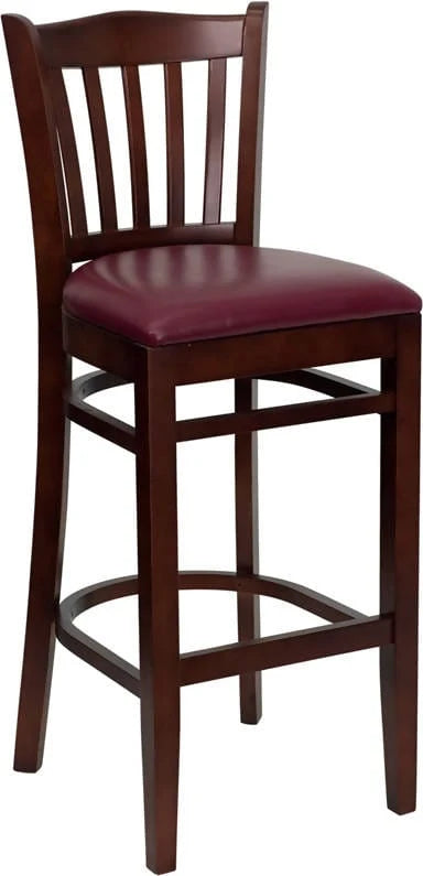 HERCULES Series Vertical Slat Back Mahogany Wood Restaurant Barstool - Black Vinyl Seat [XU-DGW0008BARVRT-MAH-BLKV-GG] Pie's Variety Store