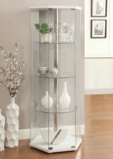 4-Shelf Hexagon Shaped Curio Cabinet White And Clear Three round glass shelves provide ample space to store essentials.- 950001 Pie's Variety Store