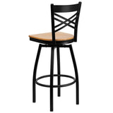 HERCULES Series Black ''X'' Back Swivel Metal Barstool - Cherry Wood Seat [XU-6F8B-XSWVL-CHYW-GG] Pie's Variety Store