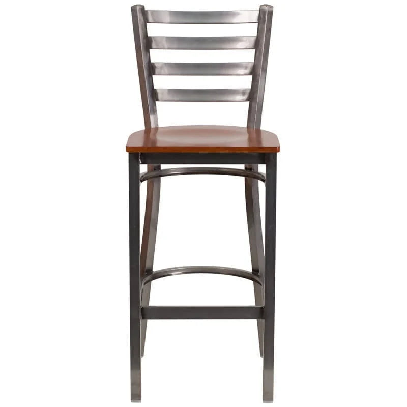 HERCULES Series Clear Coated Ladder Back Metal Restaurant Barstool - Cherry Wood Seat [XU-DG697BLAD-CLR-BAR-CHYW-GG] Pie's Variety Store