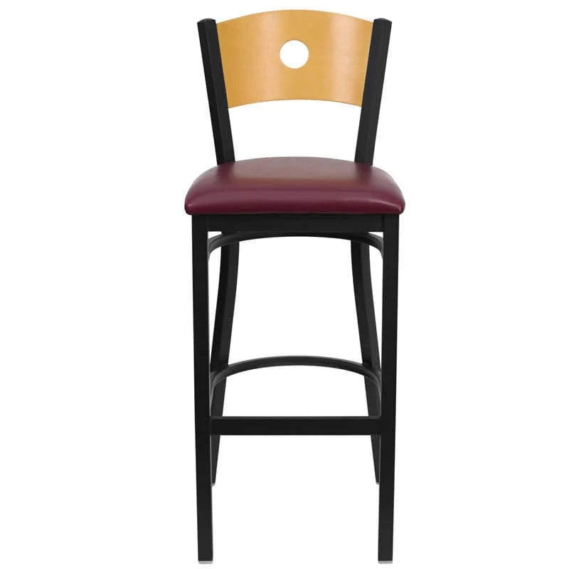 HERCULES Series Black Circle Back Metal Restaurant Barstool - Natural Wood Back