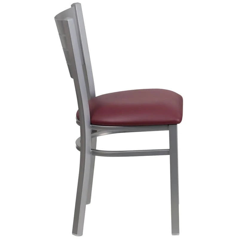 HERCULES Series Silver Slat Back Metal Restaurant Chair - Black Vinyl Seat [XU-DG-60401-BLKV-GG] Pie's Variety Store