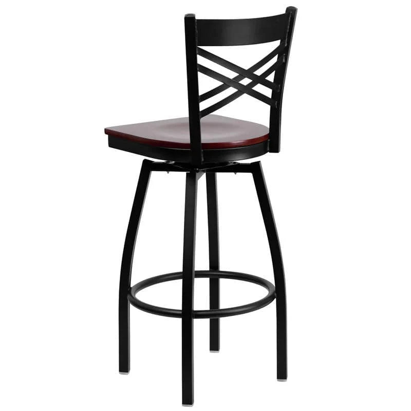 HERCULES Series Black ''X'' Back Swivel Metal Barstool - Cherry Wood Seat [XU-6F8B-XSWVL-CHYW-GG] Pie's Variety Store