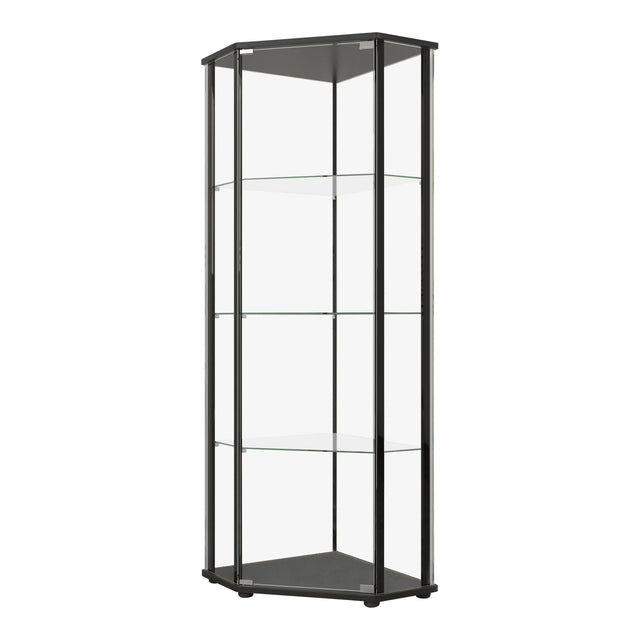 Glass Shelf Curio Cabinet Clear And Black One clear tempered glass door provides simple access to your keepsakes - 953234 Pie's Variety Store