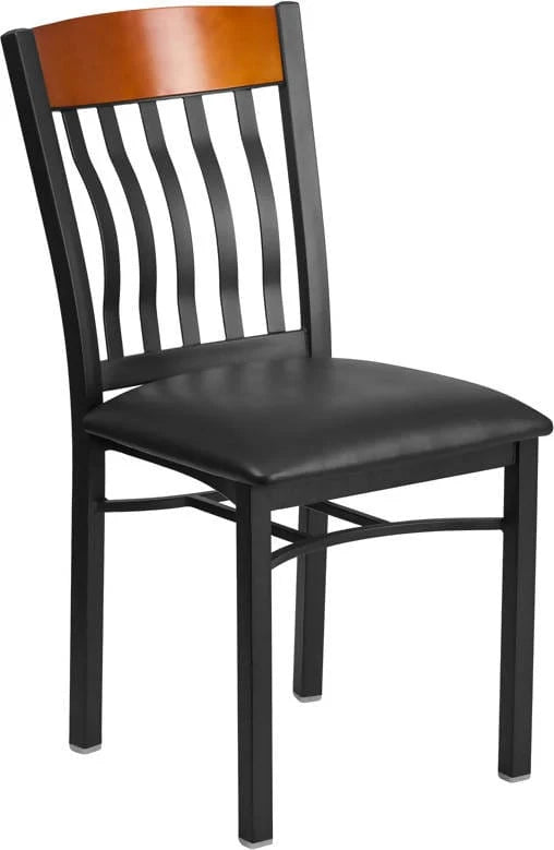 Eclipse Series Vertical Back Black Metal and Cherry Wood Restaurant Chair with Black Vinyl Seat [XU-DG-60618-CHY-BLKV-GG] Pie's Variety Store