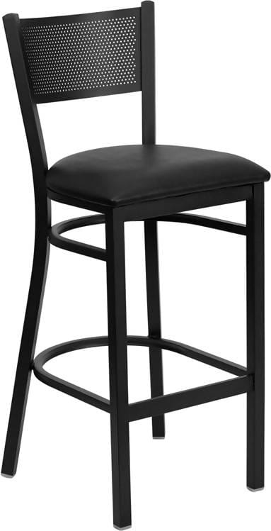 HERCULES Series Black Grid Back Metal Restaurant Barstool - Black Vinyl Seat [XU-DG-60116-GRD-BAR-BLKV-GG] Pie's Variety Store