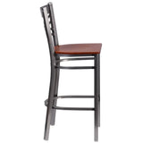 HERCULES Series Clear Coated ''X'' Back Metal Restaurant Barstool - Cherry Wood Seat [XU-6F8B-CLR-BAR-CHYW-GG] Pie's Variety Store