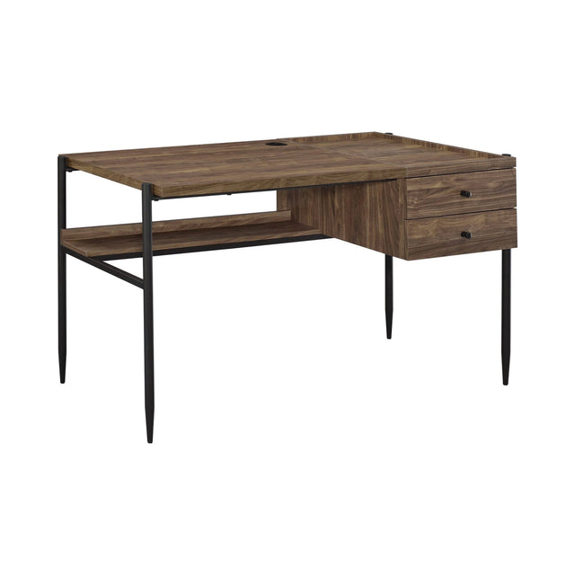 Lawtey 2-Drawer Writing Desk With Outlet Aged Walnut -this wooden desk has all you need for hours of productivity. 804291 coastmega