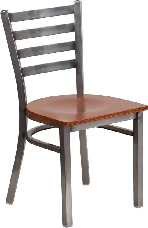 HERCULES Series Clear Coated Ladder Back Metal Restaurant Chair - Cherry Wood Seat [XU-DG694BLAD-CLR-CHYW-GG] Pie's Variety Store
