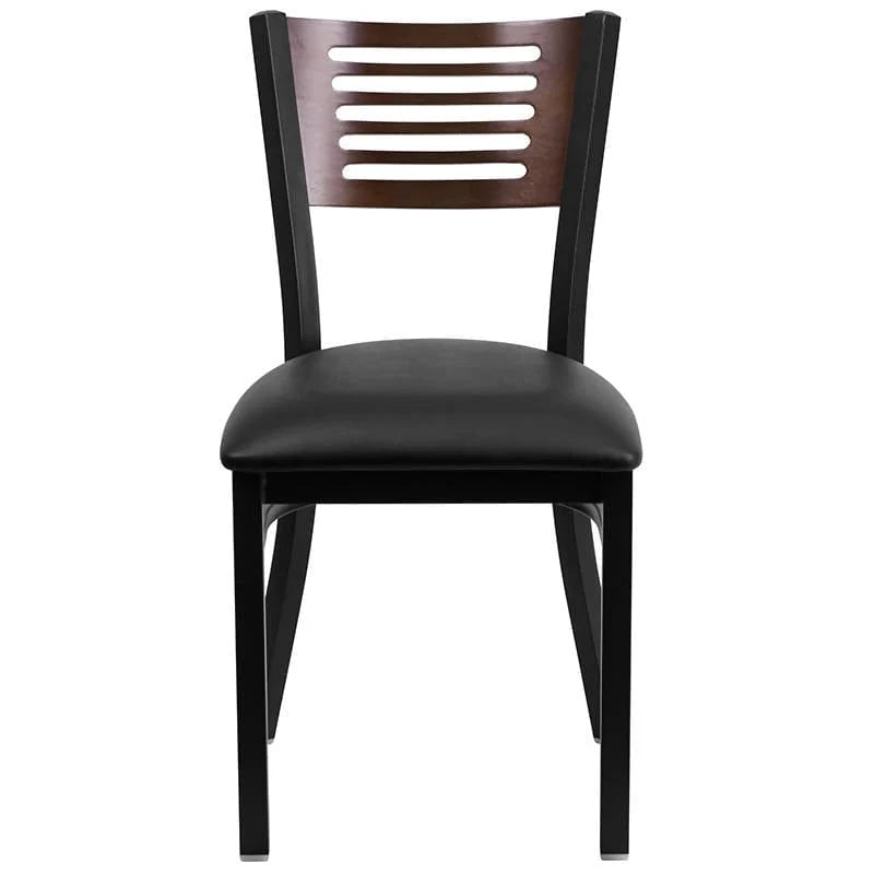 HERCULES Series Black Slat Back Metal Restaurant Chair - Walnut Wood Back