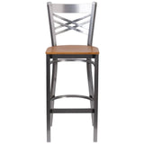 HERCULES Series Clear Coated ''X'' Back Metal Restaurant Barstool - Cherry Wood Seat [XU-6F8B-CLR-BAR-CHYW-GG] Pie's Variety Store