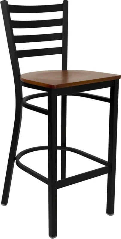 HERCULES Series Black Ladder Back Metal Restaurant Barstool - Cherry Wood Seat [XU-DG697BLAD-BAR-CHYW-GG] Pie's Variety Store