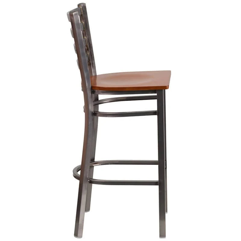 HERCULES Series Clear Coated Ladder Back Metal Restaurant Barstool - Cherry Wood Seat [XU-DG697BLAD-CLR-BAR-CHYW-GG] Pie's Variety Store