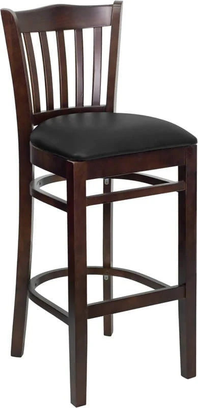 HERCULES Series Vertical Slat Back Walnut Wood Restaurant Barstool - Black Vinyl Seat [XU-DGW0008BARVRT-WAL-BLKV-GG] Pie's Variety Store