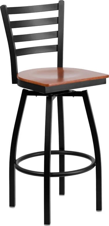 HERCULES Series Black Ladder Back Swivel Metal Barstool - Cherry Wood Seat [XU-6F8B-LADSWVL-CHYW-GG] Pie's Variety Store