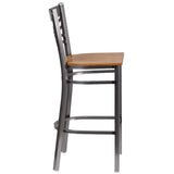 HERCULES Series Clear Coated ''X'' Back Metal Restaurant Barstool - Cherry Wood Seat [XU-6F8B-CLR-BAR-CHYW-GG] Pie's Variety Store
