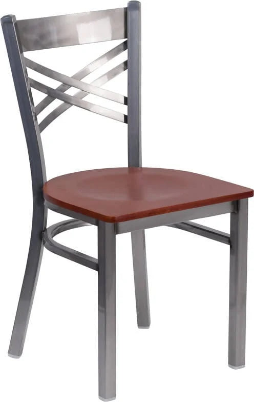 HERCULES Series Clear Coated ''X'' Back Metal Restaurant Chair - Cherry Wood Seat [XU-6FOB-CLR-CHYW-GG] Pie's Variety Store