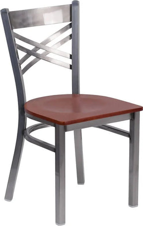 HERCULES Series Clear Coated ''X'' Back Metal Restaurant Chair - Cherry Wood Seat [XU-6FOB-CLR-CHYW-GG] Pie's Variety Store