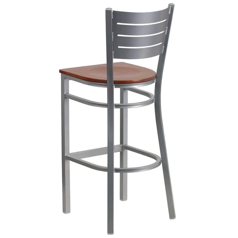 HERCULES Series Silver Slat Back Metal Restaurant Barstool - Cherry Wood Seat [XU-DG-60402-BAR-CHYW-GG] Pie's Variety Store