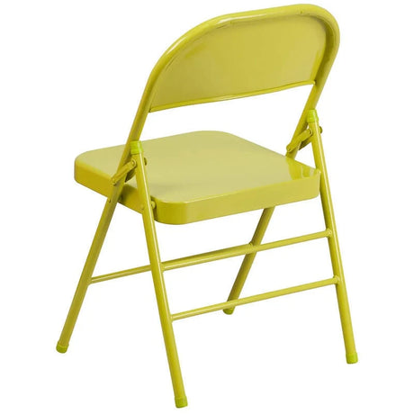 2 Pk. HERCULES COLORBURST Series Twisted Citron Triple Braced & Double Hinged Metal Folding Chair [2-HF3-CITRON-GG] Pie's Variety Store