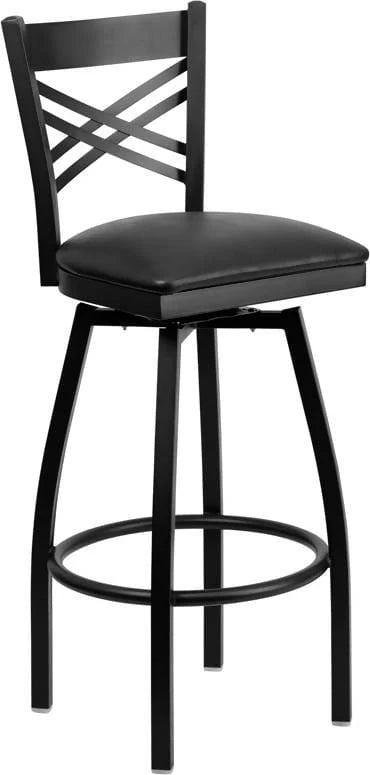 HERCULES Series Black ''X'' Back Swivel Metal Barstool - Black Vinyl Seat [XU-6F8B-XSWVL-BLKV-GG] Pie's Variety Store