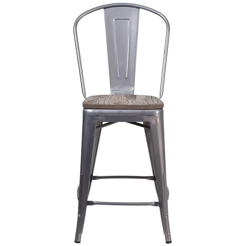 24inches High Clear Coated Counter Height Stool with Back and Wood Seat [XU-DG-TP001B-24-WD-GG] Fl Furniture
