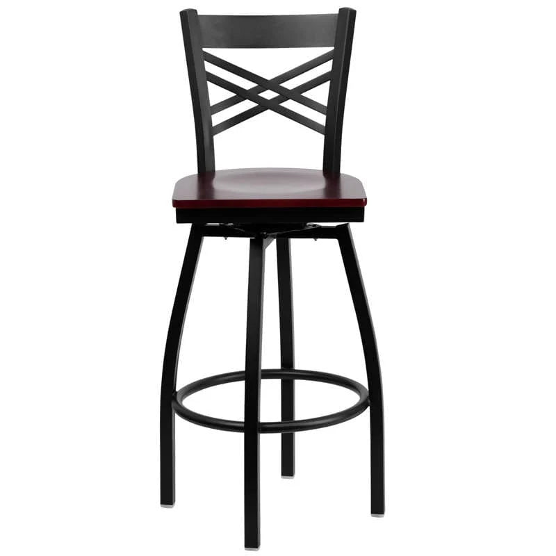 HERCULES Series Black ''X'' Back Swivel Metal Barstool - Cherry Wood Seat [XU-6F8B-XSWVL-CHYW-GG] Pie's Variety Store