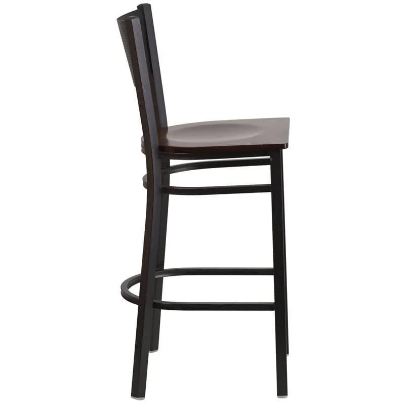 HERCULES Series Black Grid Back Metal Restaurant Barstool - Cherry Wood Seat [XU-DG-60116-GRD-BAR-CHYW-GG] Pie's Variety Store