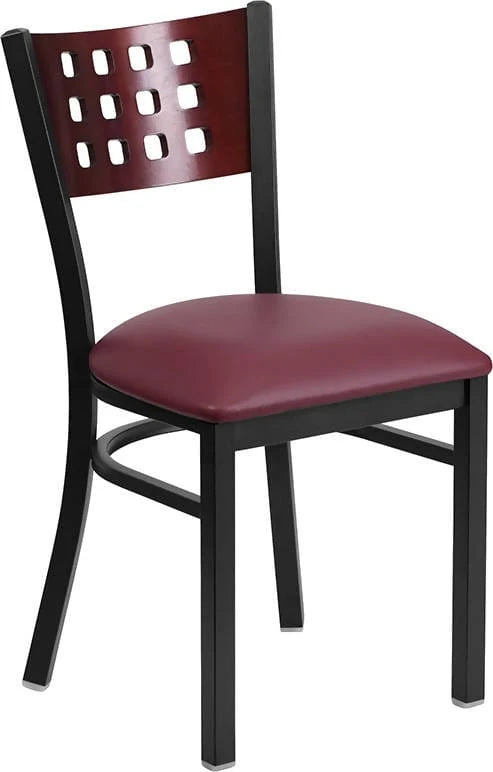 HERCULES Series Black Cutout Back Metal Restaurant Chair - Mahogany Wood Back