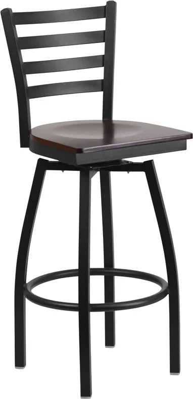 HERCULES Series Black Ladder Back Swivel Metal Barstool - Cherry Wood Seat [XU-6F8B-LADSWVL-CHYW-GG] Pie's Variety Store