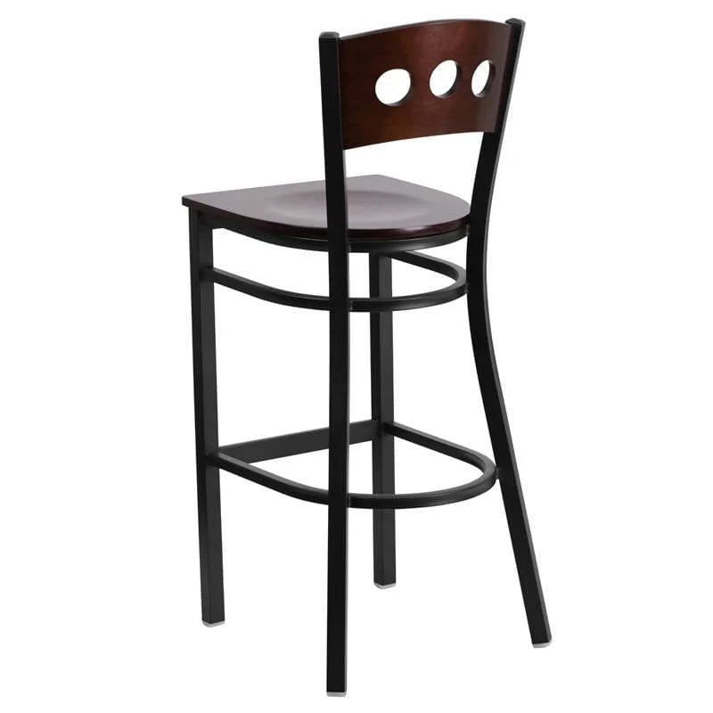 HERCULES Series Black 3 Circle Back Metal Restaurant Barstool - Walnut Wood Back & Seat [XU-DG-60516-WAL-BAR-MTL-GG] Pie's Variety Store