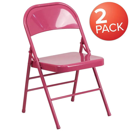 2 Pk. HERCULES COLORBURST Series Shockingly Fuchsia Triple Braced & Double Hinged Metal Folding Chair [2-HF3-FUCHSIA-GG] Fl Furniture