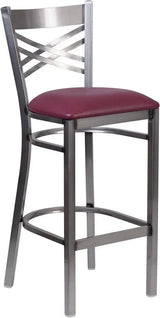 HERCULES Series Clear Coated ''X'' Back Metal Restaurant Barstool - Black Vinyl Seat [XU-6F8B-CLR-BAR-BLKV-GG] Pie's Variety Store