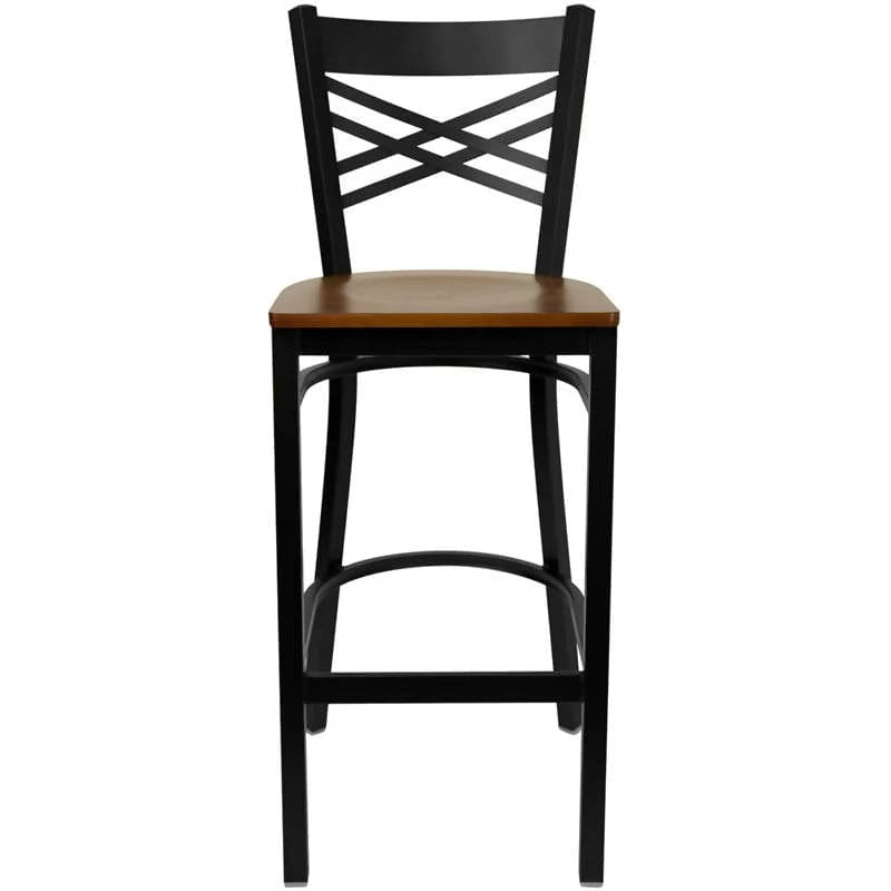 HERCULES Series Black ''X'' Back Metal Restaurant Barstool - Cherry Wood Seat [XU-6F8BXBK-BAR-CHYW-GG] Pie's Variety Store