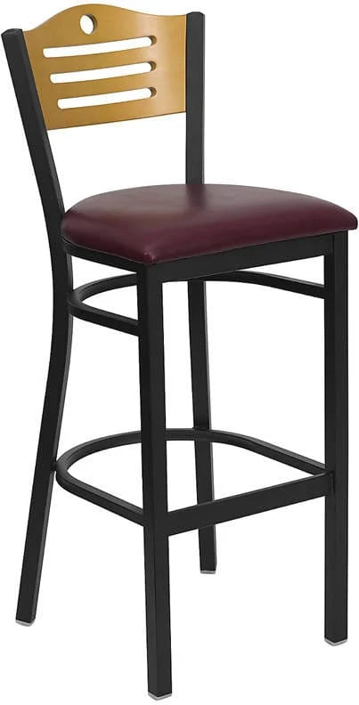 HERCULES Series Black Slat Back Metal Restaurant Barstool - Natural Wood Back