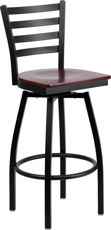 HERCULES Series Black Ladder Back Swivel Metal Barstool - Cherry Wood Seat [XU-6F8B-LADSWVL-CHYW-GG] Pie's Variety Store