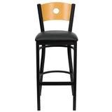 HERCULES Series Black Circle Back Metal Restaurant Barstool - Natural Wood Back