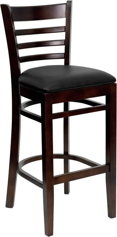 HERCULES Series Ladder Back Walnut Wood Restaurant Barstool - Black Vinyl Seat [XU-DGW0005BARLAD-WAL-BLKV-GG] Pie's Variety Store