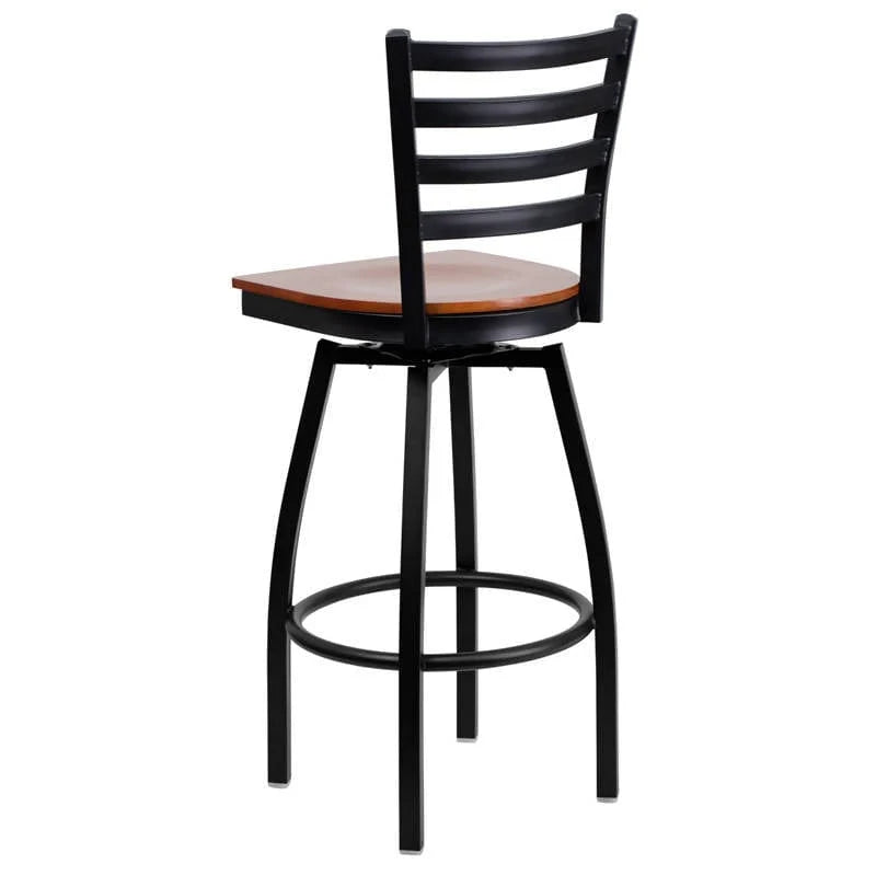 HERCULES Series Black Ladder Back Swivel Metal Barstool - Cherry Wood Seat [XU-6F8B-LADSWVL-CHYW-GG] Pie's Variety Store