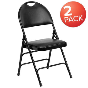 2 Pk. HERCULES Series Ultra-Premium Triple Braced Black Vinyl Metal Folding Chair with Easy-Carry Handle [2-HA-MC705AV-3-BK-GG] Fl Furniture