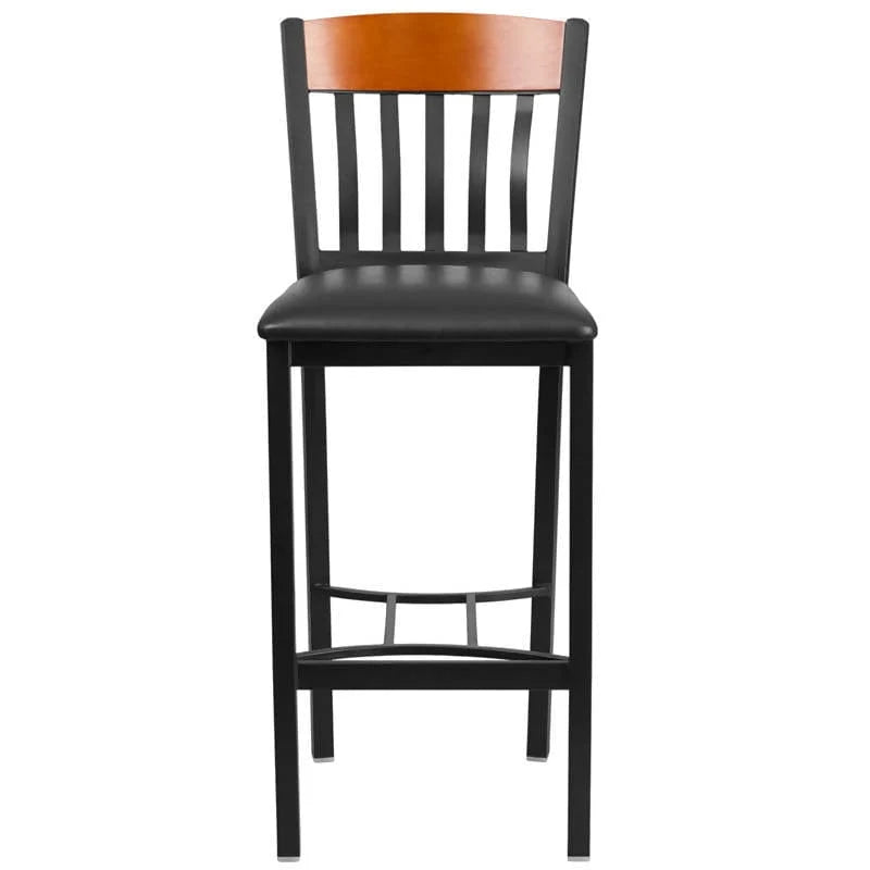 Eclipse Series Vertical Back Black Metal and Cherry Wood Restaurant Barstool with Black Vinyl Seat [XU-DG-60618B-CHY-BLKV-GG] Pie's Variety Store