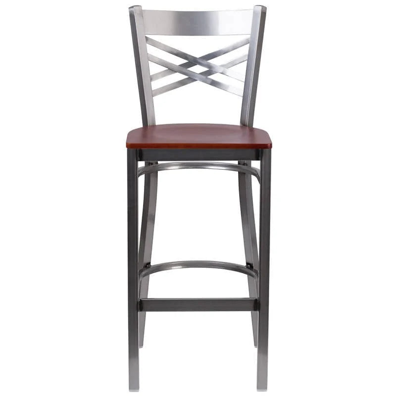 HERCULES Series Clear Coated ''X'' Back Metal Restaurant Barstool - Cherry Wood Seat [XU-6F8B-CLR-BAR-CHYW-GG] Pie's Variety Store